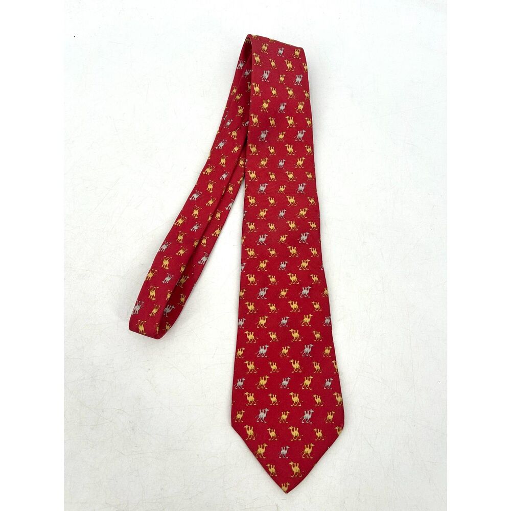 SALVATORE FERRAGAMO Red Gold Camel Print 100% Silk Mens Tie Made In Italy